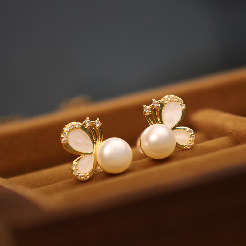 Nimara Ritual 925 Sterling Silver Posts 18K Gold Plated Copper Natural Pearl Butterfly Zircon Healing Stud Earrings