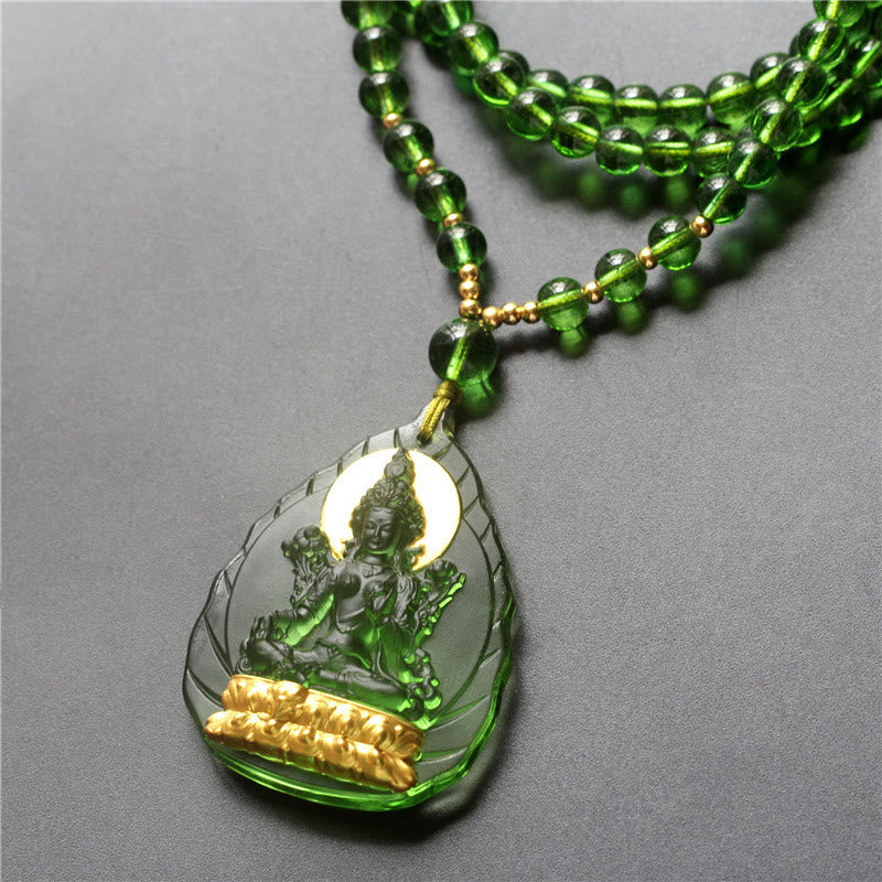 Nimara Ritual Tibetan Green Tara Buddha Gold Plated Liuli Crystal Protection Necklace Pendant