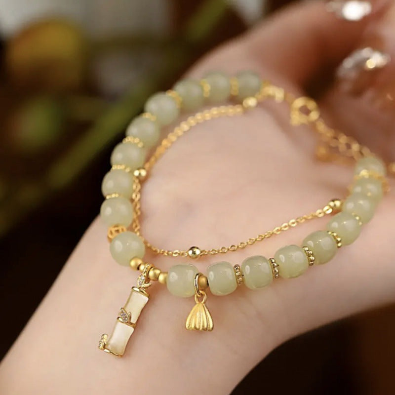 Nimara Ritual Natural Hetian Jade Prosperity Lotus Bamboo Charm Bracelet