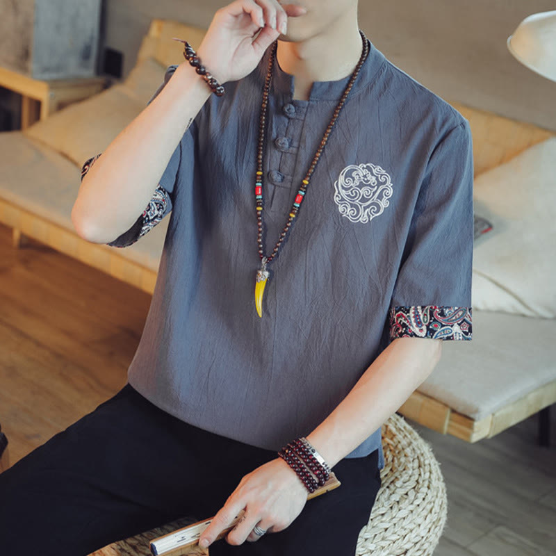 Nimara Ritual Frog-Button Dragon Embroidery Chinese Tang Suit Short Sleeve Shirt Men Clothing