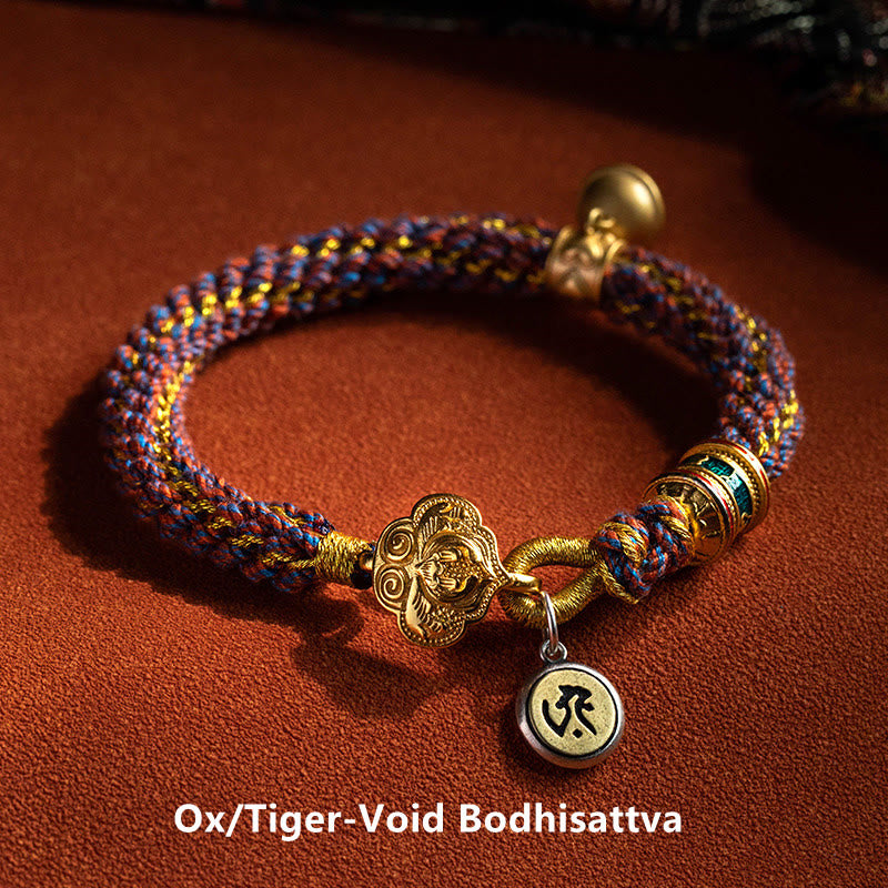 Nimara Ritual 925 Sterling Silver Chinese Zodiac Natal Buddha Om Mani Padme Hum Luck Bell Braided String Bracelet