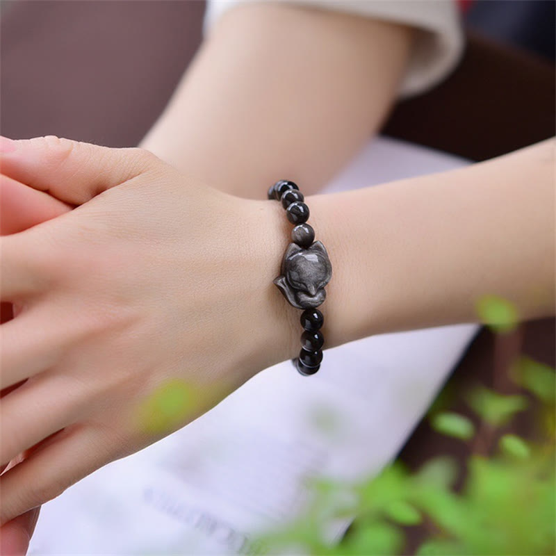 Nimara Ritual Natural Silver Sheen Obsidian Fox Protection Bracelet