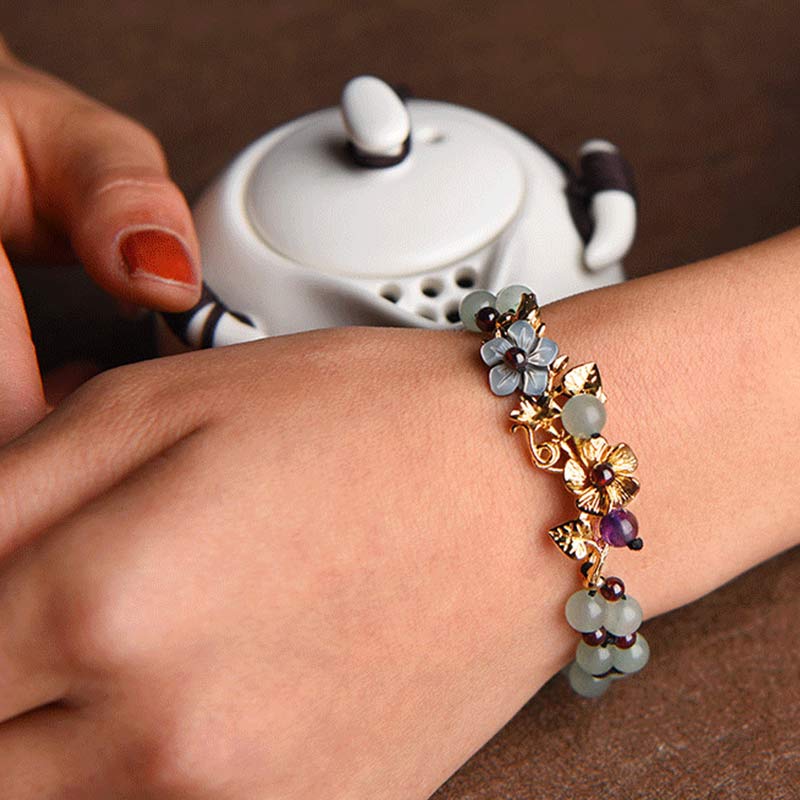 Nimara Ritual Green Aventurine Garnet Bead Flower Petal Luck Bracelet