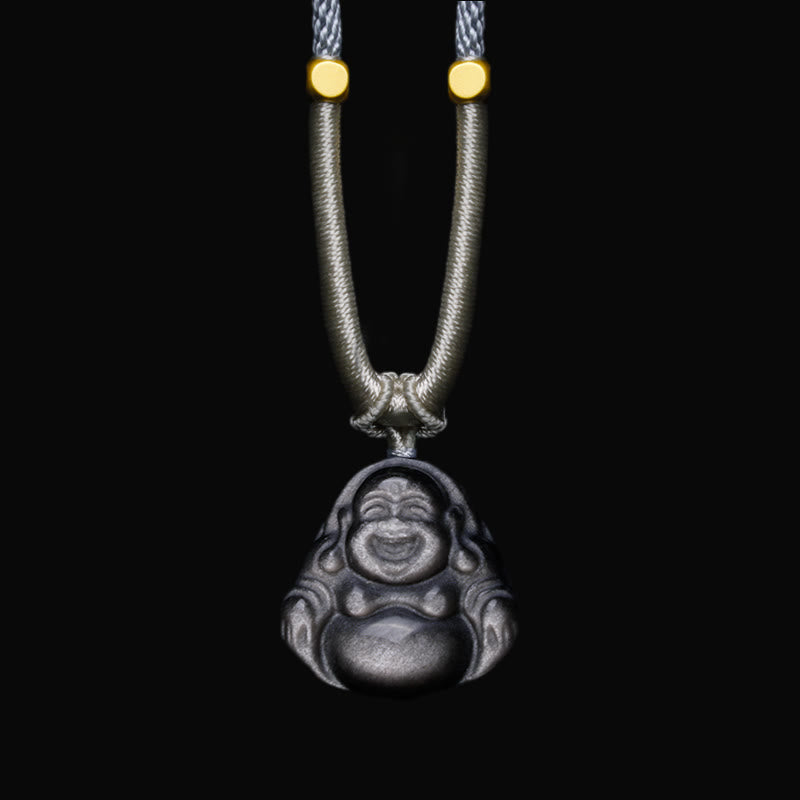 Nimara Ritual Natural Silver Sheen Obsidian Laughing Buddha Protection Necklace Pendant