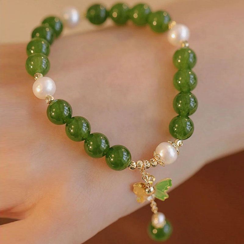 Nimara Ritual Natural Green Chalcedony Pearl Butterfly Courage Strength Bracelet