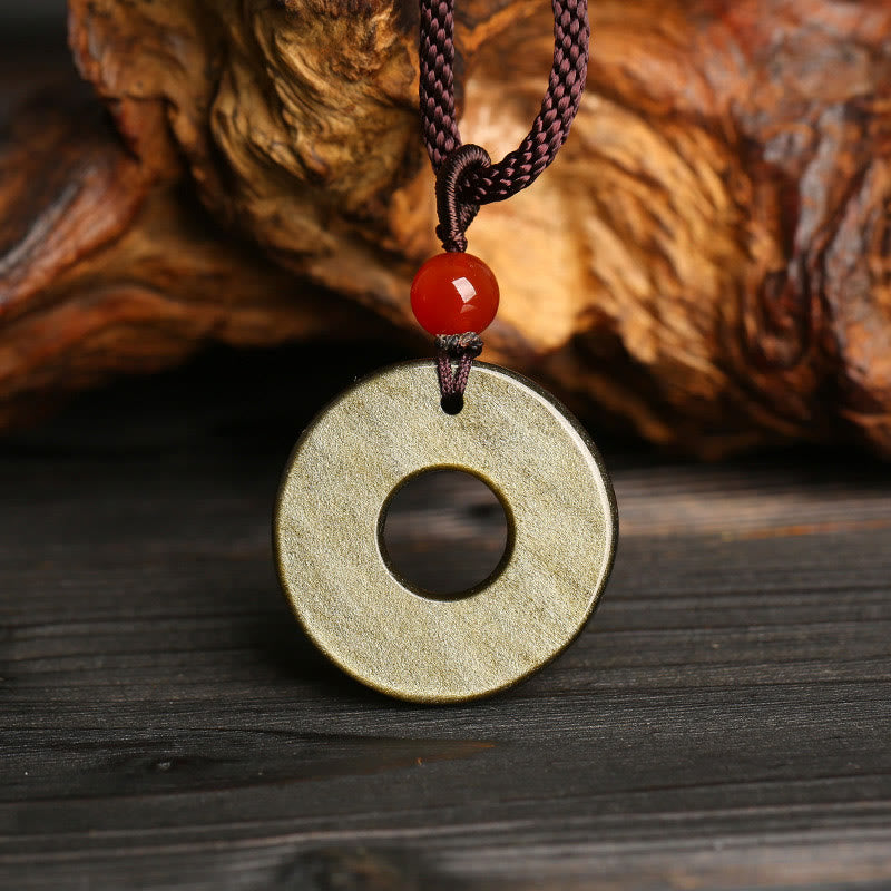 Nimara Ritual Gold Sheen Obsidian Peace Buckle Pixiu Copper Coin Wealth Necklace Pendant