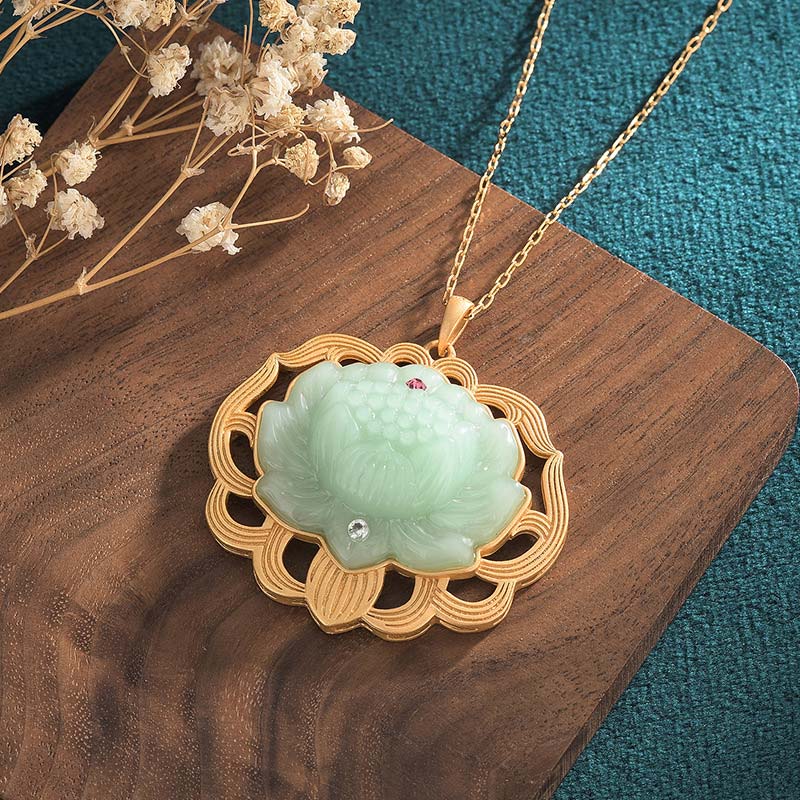 Nimara Ritual Natural Jade Lotus Harmony Necklace Pendant