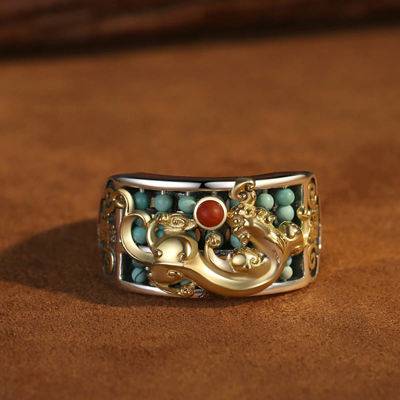 Nimara Ritual 925 Sterling Silver Turquoise Red Agate PiXiu Abacus Protection Ring