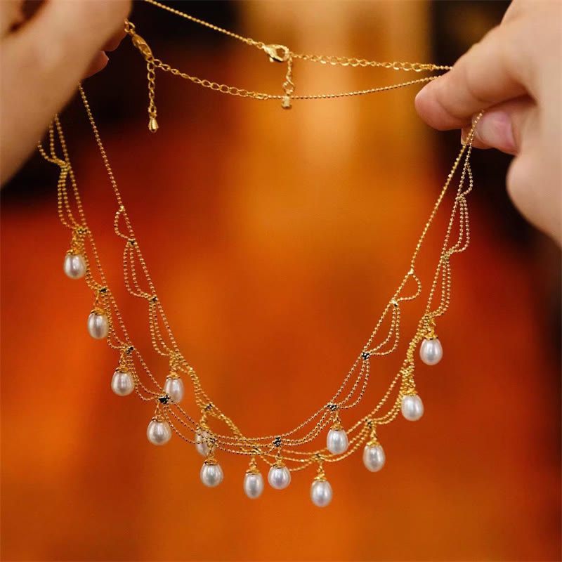 Nimara Ritual Vintage 14K Gold Plated Pearl Bead Healing Multilayer Necklace Pendant