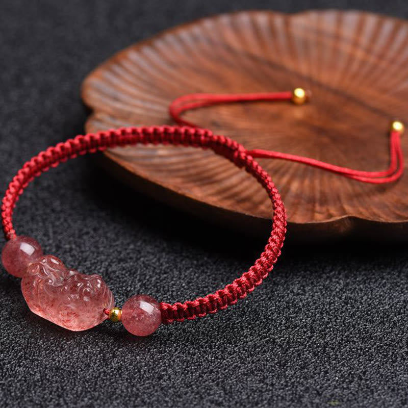 Nimara Ritual Natural Strawberry Quartz PiXiu Lucky Red String Bracelet