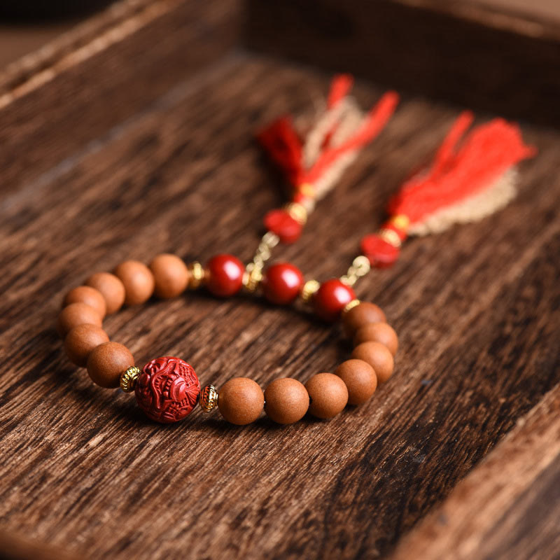 Nimara Ritual Tibetan Natural Peach Wood Cinnabar PiXiu Wealth Tassels Bracelet