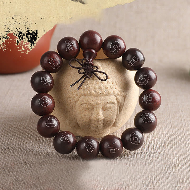 Nimara Ritual 925 Sterling Silver Inlaid Small Leaf Red Sandalwood Om Mani Padme Hum Character Auspicious Clouds Protection Bracelet
