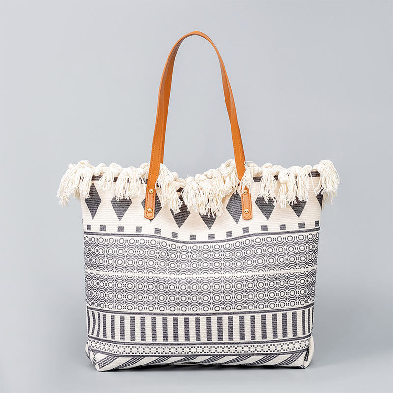 Nimara Ritual Large Capacity Boho Geometry Print Tassel Canvas Tote Shoulder Bag