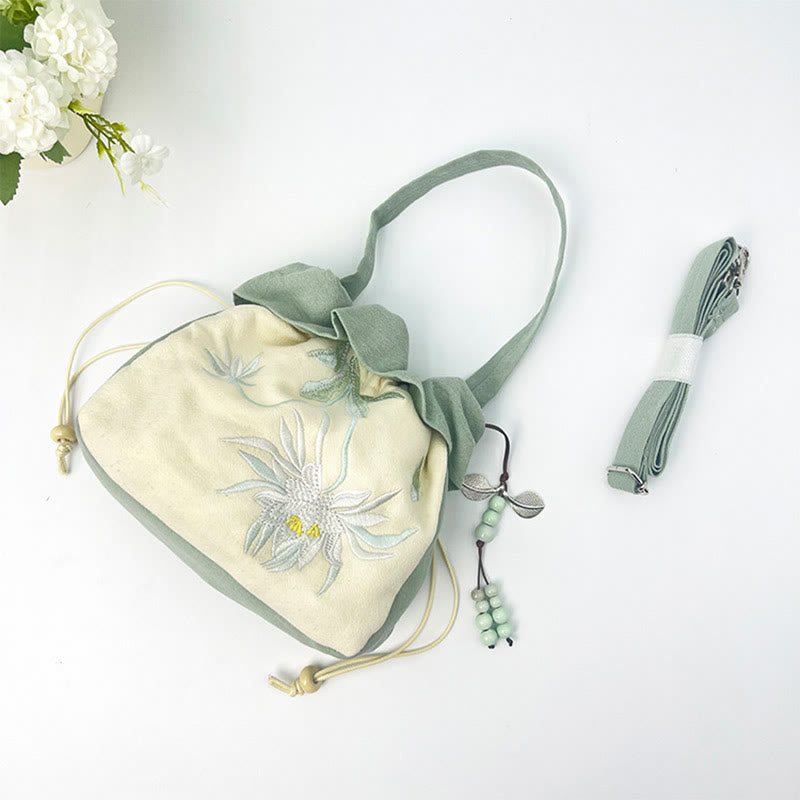 Nimara Ritual Suzhou Embroidery Lotus Epiphyllum Magnolia Cotton Linen Tote Crossbody Bag Shoulder Bag Handbag