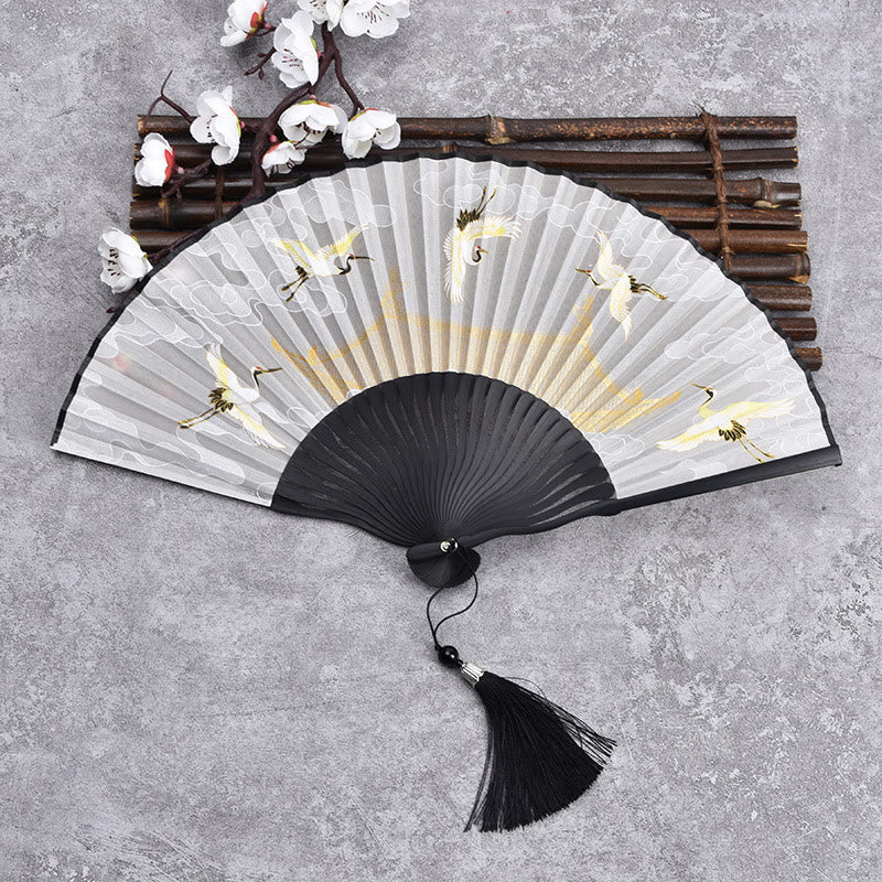 Nimara Ritual Vintage Cloud Crane Pattern Handheld Bamboo Folding Fan