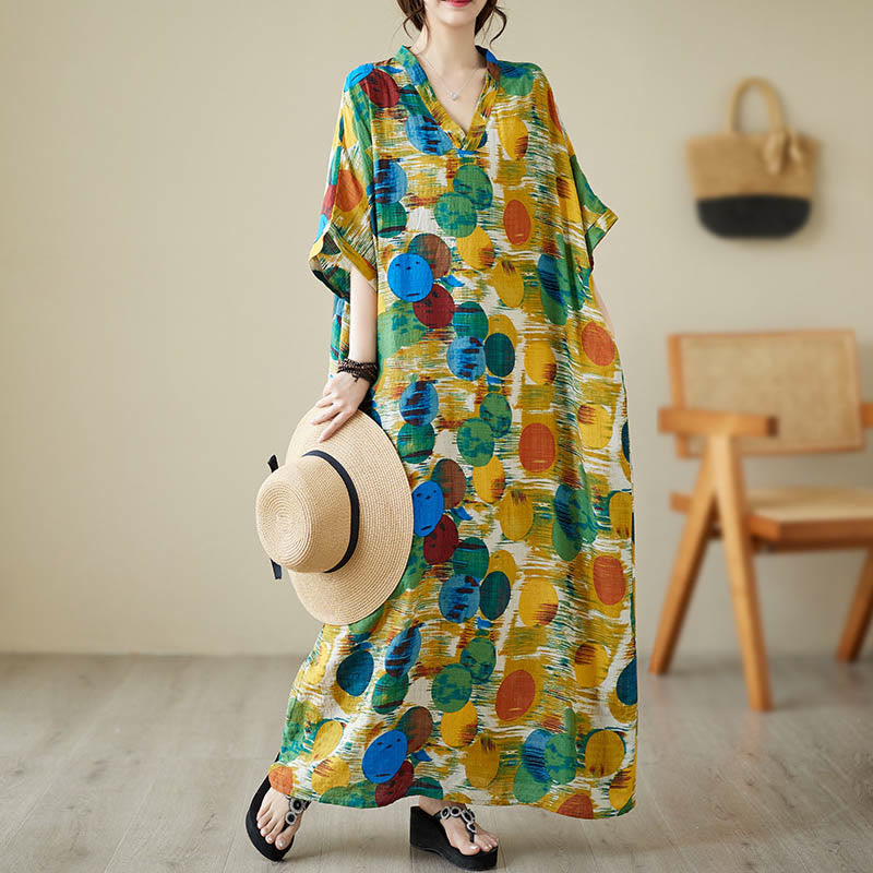 Nimara Ritual Orange Blue Colorful Polka Dots Midi Dress Cotton Half Sleeve Dress With Pockets