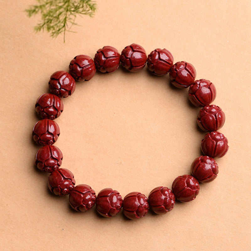Nimara Ritual Natural Cinnabar Om Mani Padme Hum Fret Pattern Lotus Blessing Bracelet
