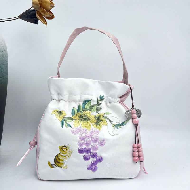 Nimara Ritual Embroidered Osmanthus Peony Grape Cat Cotton Linen Tote Crossbody Bag Shoulder Bag Handbag