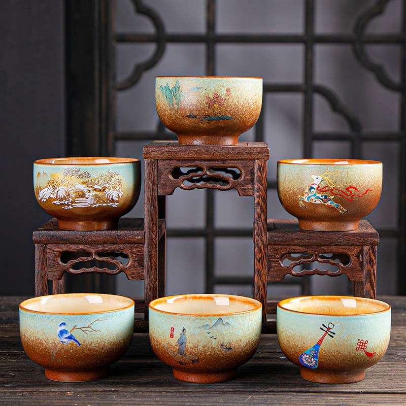 Nimara Ritual Colorful Deer Pipa Snow Plum Blossoms Mountains Rivers Bird Ceramic Teacup Kung Fu Tea Cup Bowl