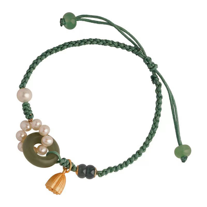 Nimara Ritual Natural Hetian Jade Peace Buckle Pearl Luck Handcrafted Braided Bracelet