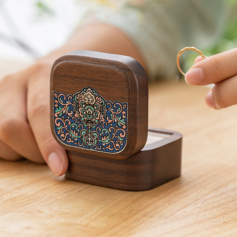Nimara Ritual Retro Handmade Black Walnut Wood Ring Jewelry Storage Box Leaf Wooden Gift Box
