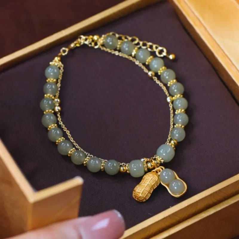 Nimara Ritual Jade Leaf Ginkgo Tulip Peanut Fu Character Luck Beaded Bracelet