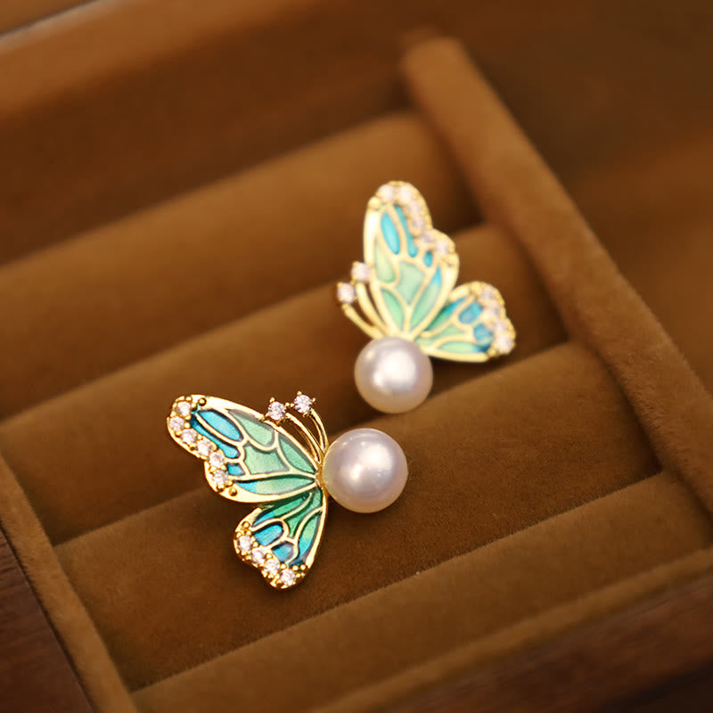 Nimara Ritual 925 Sterling Silver Posts 18K Gold Plated Copper Natural Pearl Butterfly Healing Stud Earrings