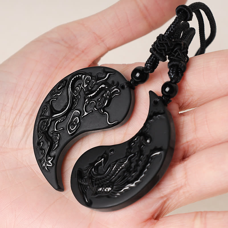Nimara Ritual Black Obsidian Yin Yang Dragon Phoenix Luck Necklace Pendant