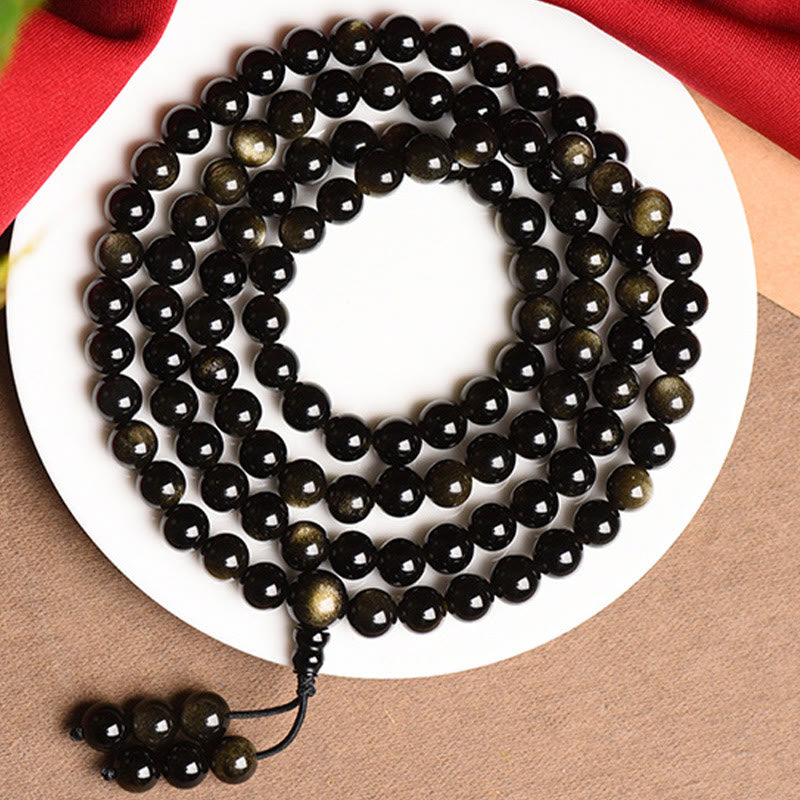 Nimara Ritual 108 Mala Beads Natural Gold Sheen Obsidian Wealth Bracelet