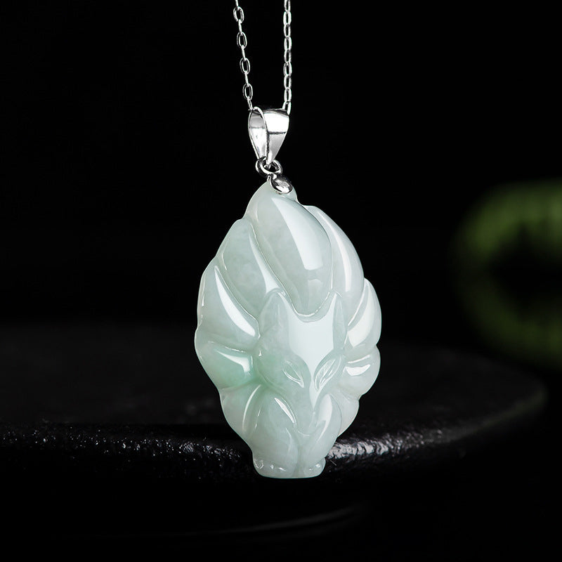 Nimara Ritual Natural Jade Nine Tailed Fox Prosperity Titanium Steel Chain Necklace Pendant