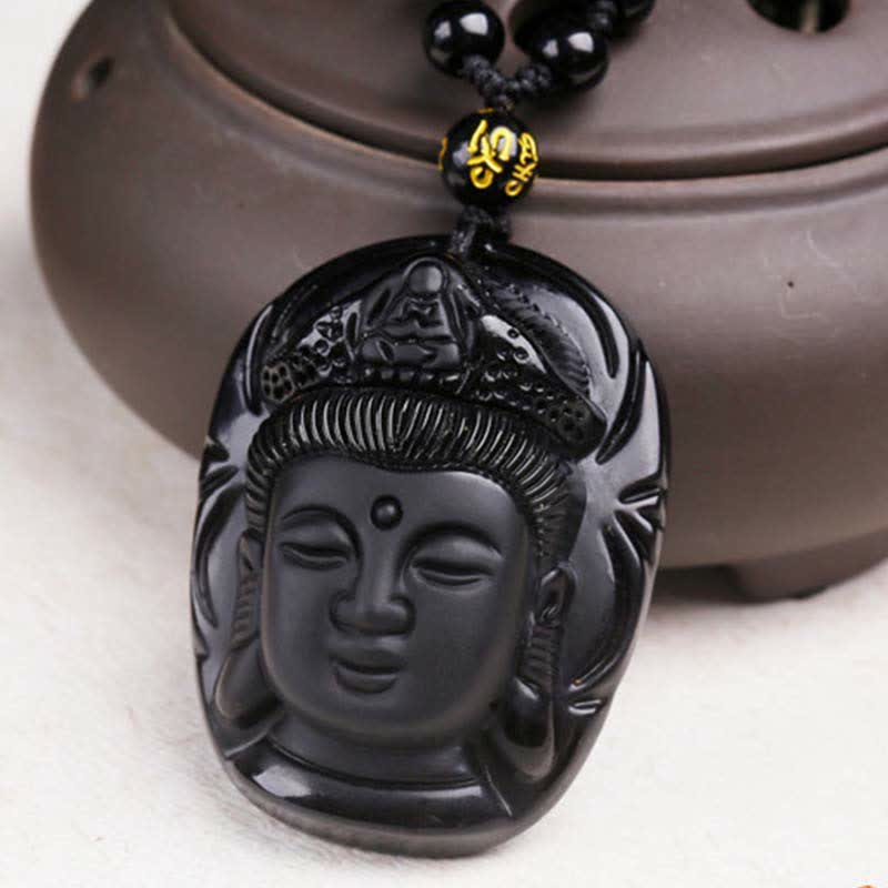 Nimara Ritual Natural Black Obsidian Kwan Yin Avalokitesvara Strength String Necklace Pendant