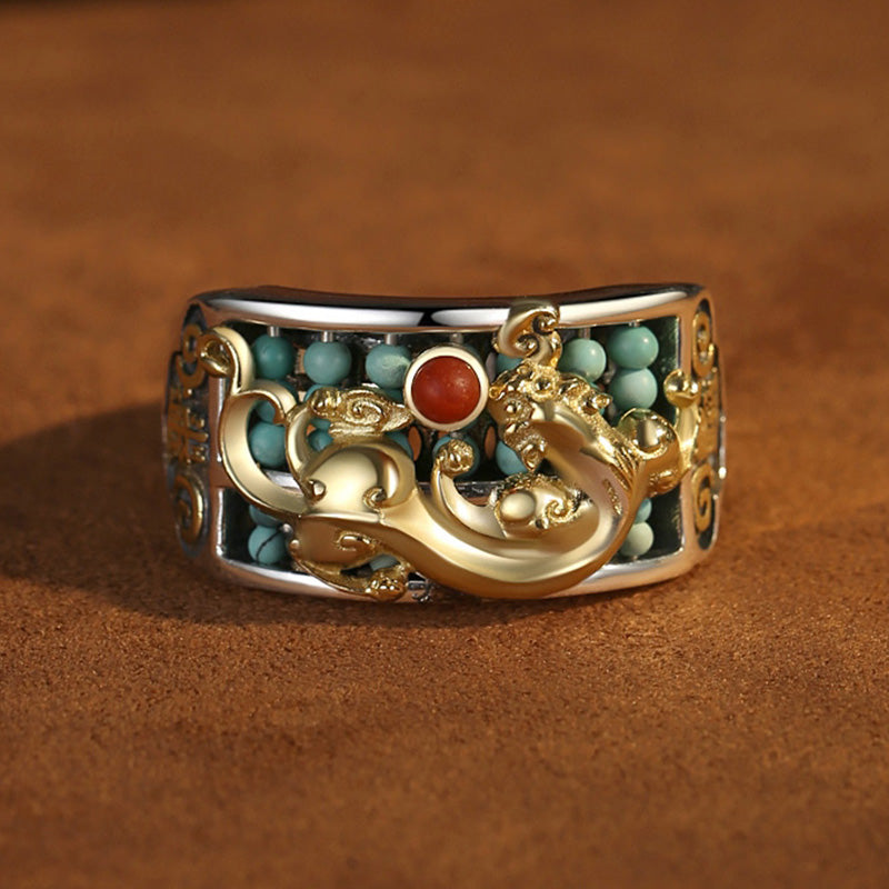 Nimara Ritual 925 Sterling Silver Turquoise Red Agate PiXiu Abacus Protection Ring
