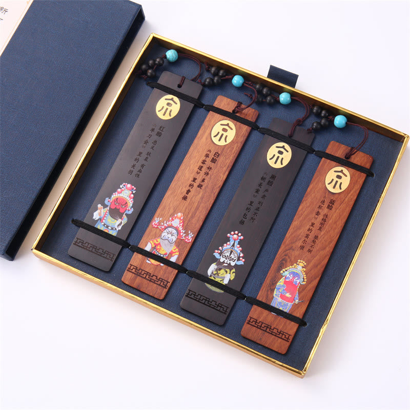 Nimara Ritual 4Pcs Four Seasons Plum Orchid Bamboo Chrysanthemum Peking Opera Mask Wood Bookmarks With Gift Box