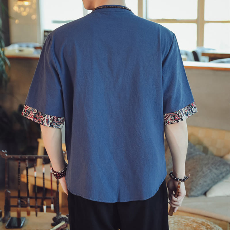 Nimara Ritual Frog-Button Dragon Embroidery Chinese Tang Suit Short Sleeve Shirt Men Clothing