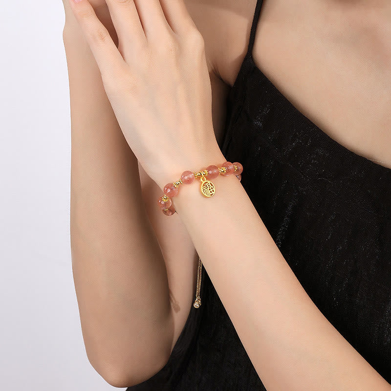 Nimara Ritual 14K Gold Plated Natural Strawberry Quartz Fu Character Positive Charm Bracelet