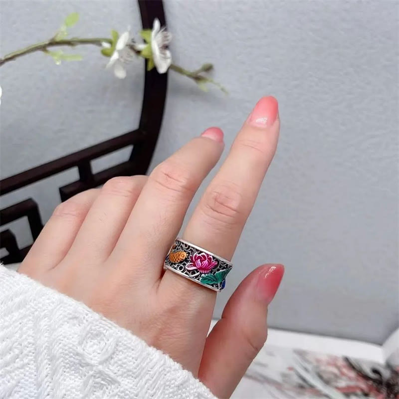 Nimara Ritual Copper Blue Enamel Lotus Heart Sutra Koi Fish Luck Ring