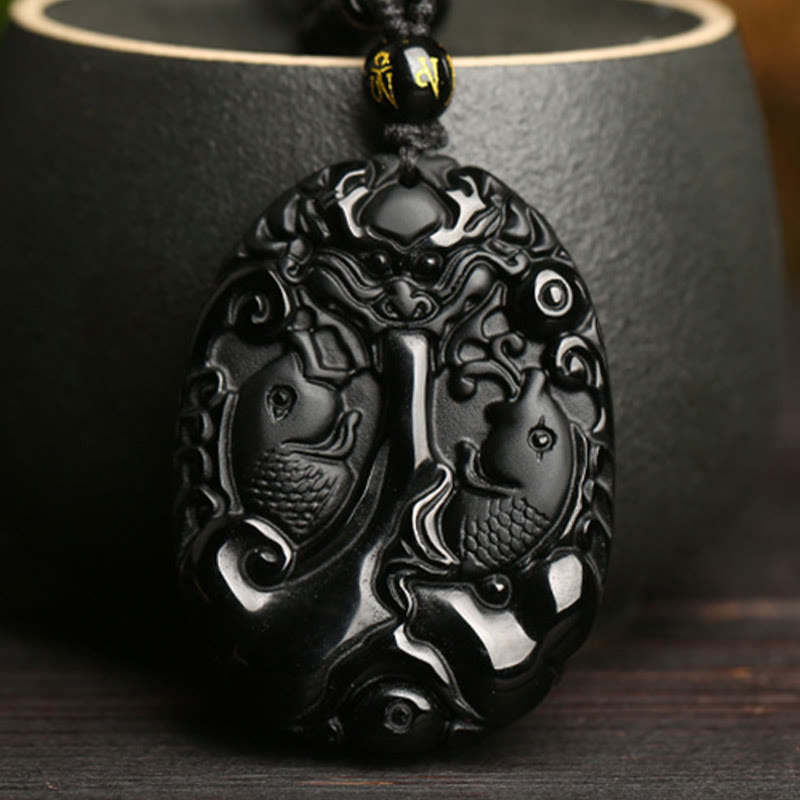 Nimara Ritual Black Obsidian Koi Fish Bead Rope Fulfilment Strength Necklace Pendant