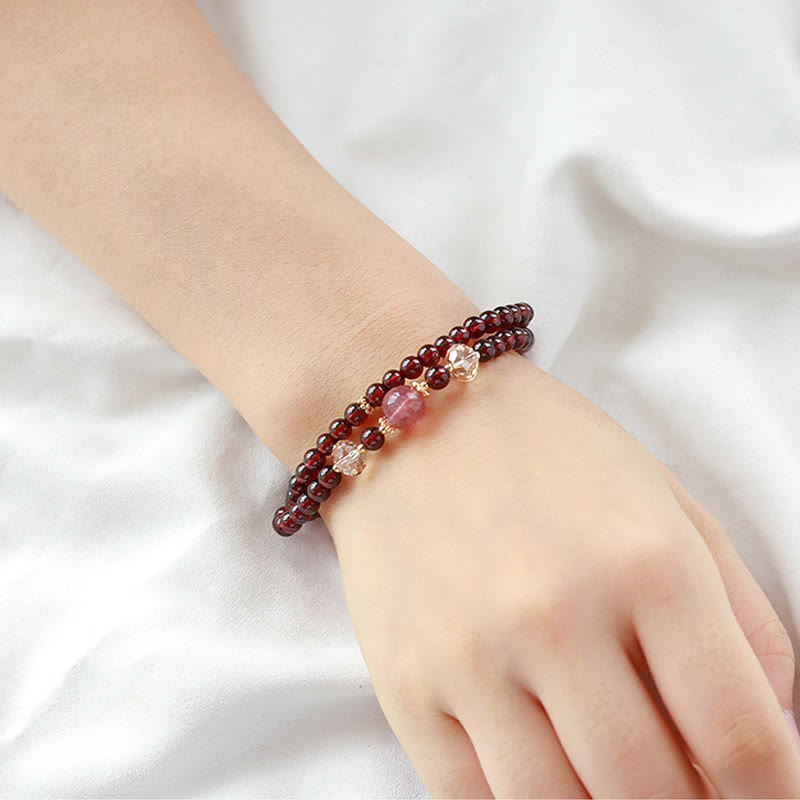 Nimara Ritual 14K Gold Plated Natural Garnet Strawberry Quartz Stability Double Wrap Bracelet