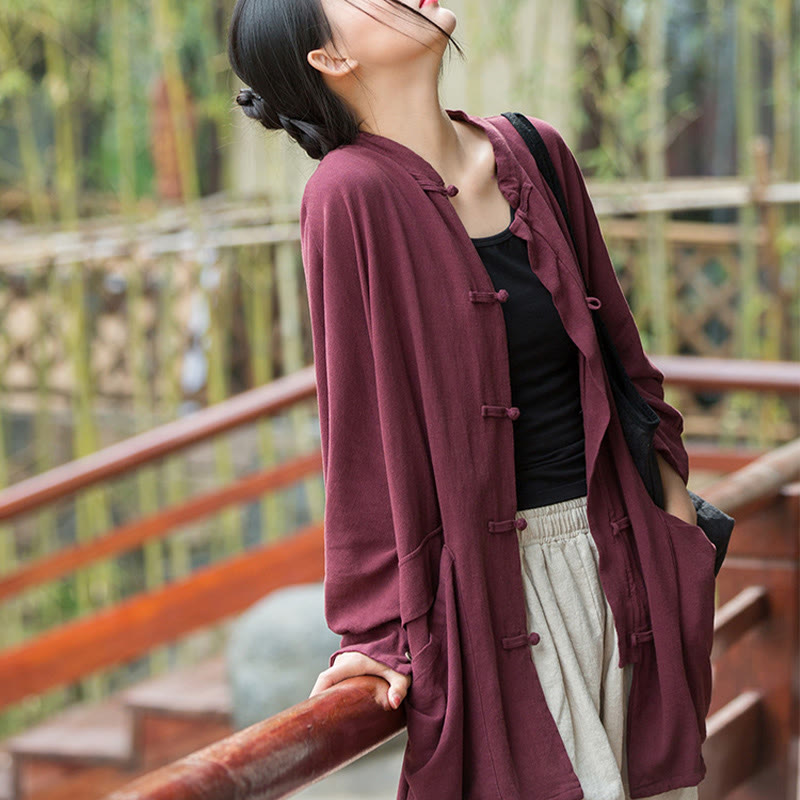 Nimara Ritual Frog-Button Long Sleeve Zen Meditation Open Front Jacket With Pockets