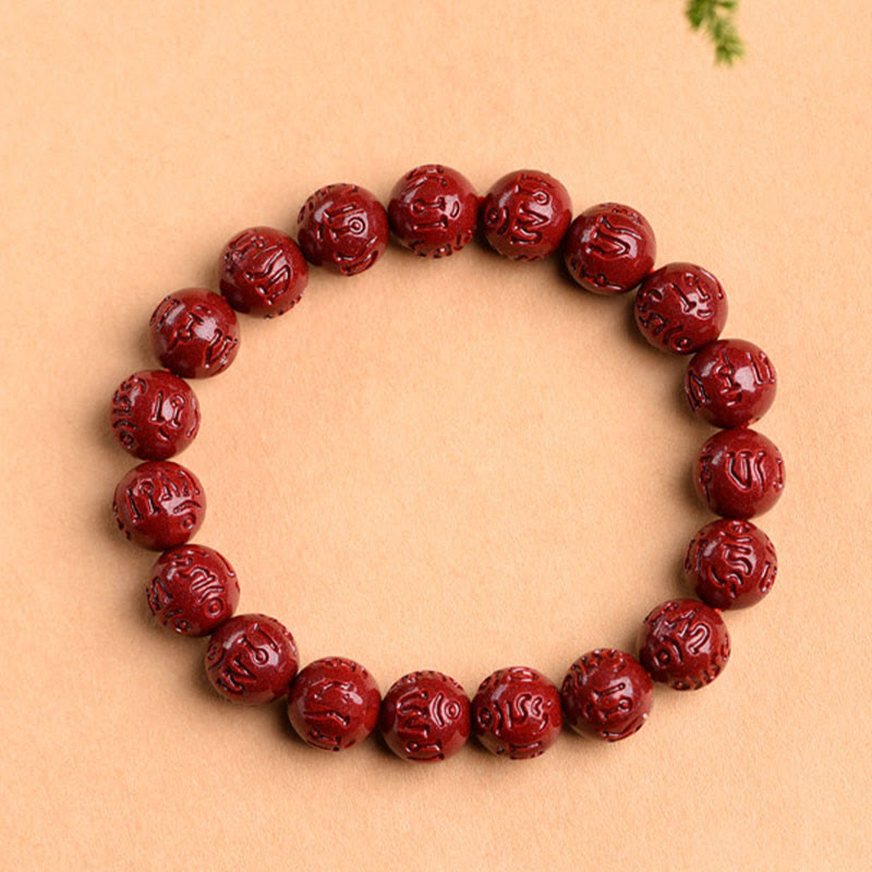 Nimara Ritual Natural Cinnabar Om Mani Padme Hum Fret Pattern Lotus Blessing Bracelet