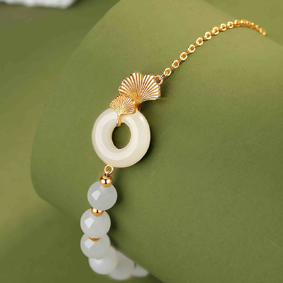 Nimara Ritual 925 Sterling Silver Hetian White Jade Peace Buckle Ginkgo Leaf Luck Bracelet