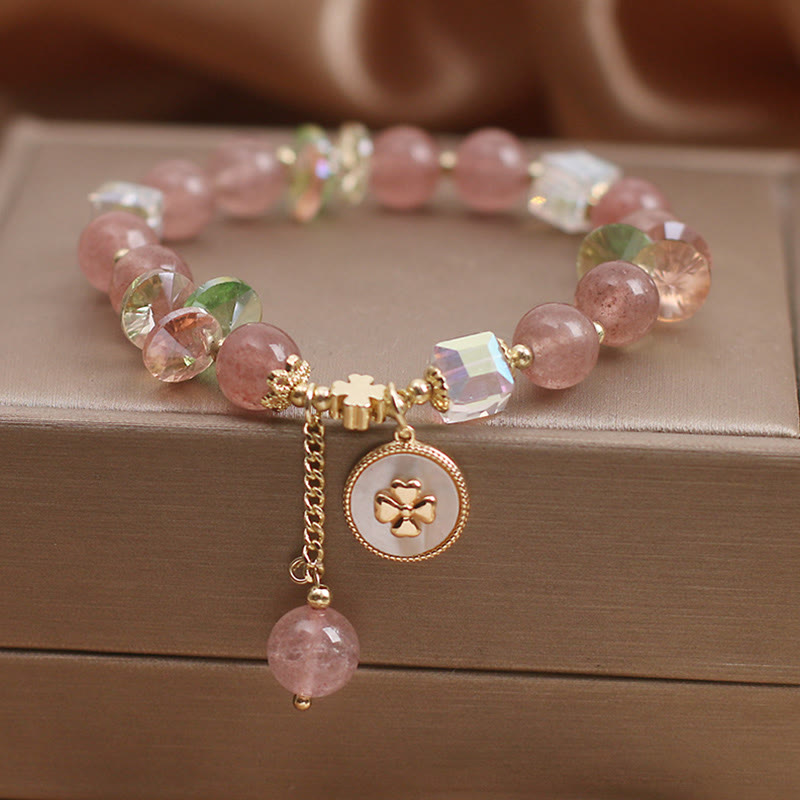 Nimara Ritual Strawberry Quartz Lucky Four Leaf Clover Healing Charm Bracelet