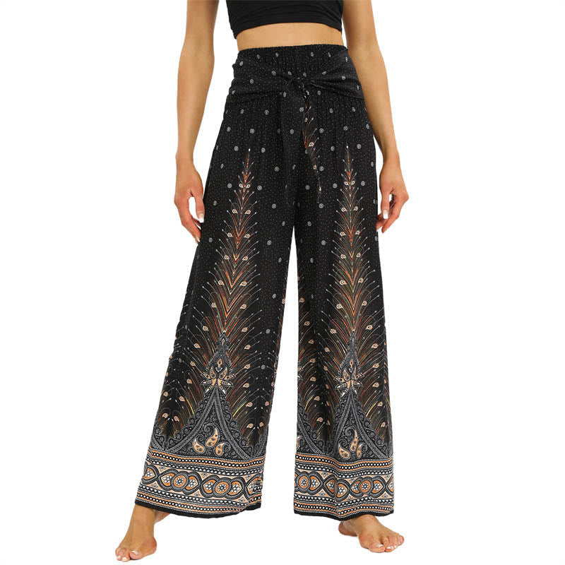 Nimara Ritual Boho Peacock Feathers Lace-up Wide Leg Pants Women's Yoga Pants