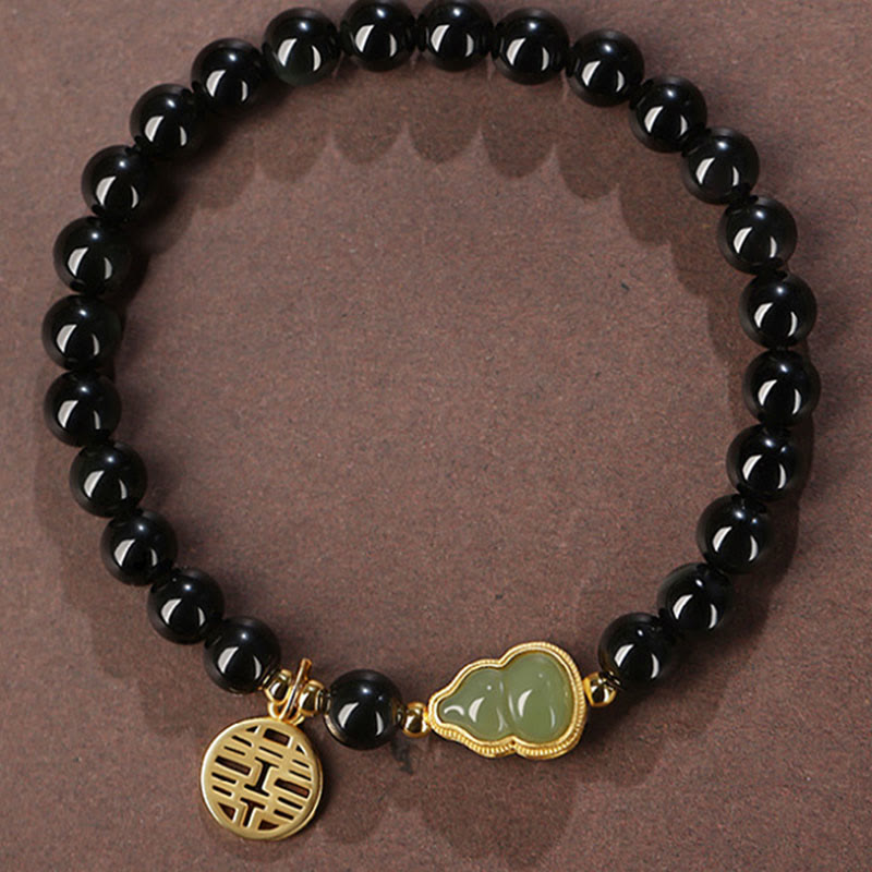 Nimara Ritual Natural Black Obsidian Hetian Jade Gourd Double Happiness Strength Bracelet