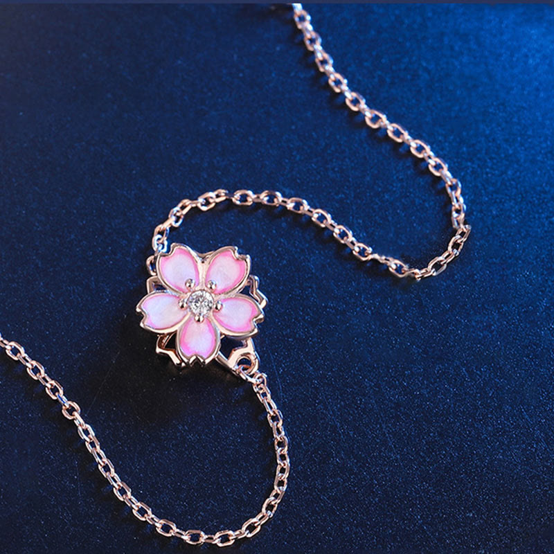 Nimara Ritual 925 Sterling Silver Cherry Blossom Blessing Chain Bracelet Rotatable Ring