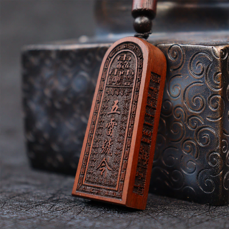 Nimara Ritual Lightning Struck Jujube Wood Taoist Five Thunder Order Luck Protection Necklace Pendant