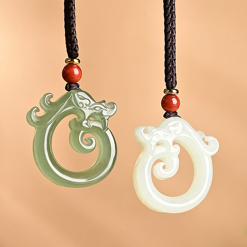Nimara Ritual White Jade Cyan Jade Dragon Protection Necklace String Pendant