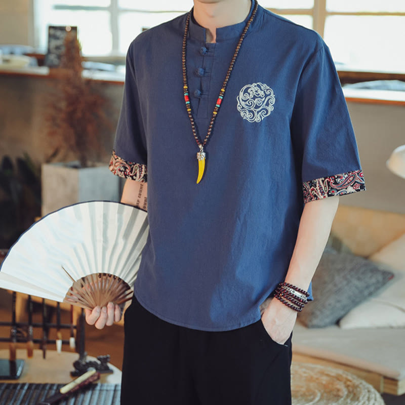 Nimara Ritual Frog-Button Dragon Embroidery Chinese Tang Suit Short Sleeve Shirt Men Clothing