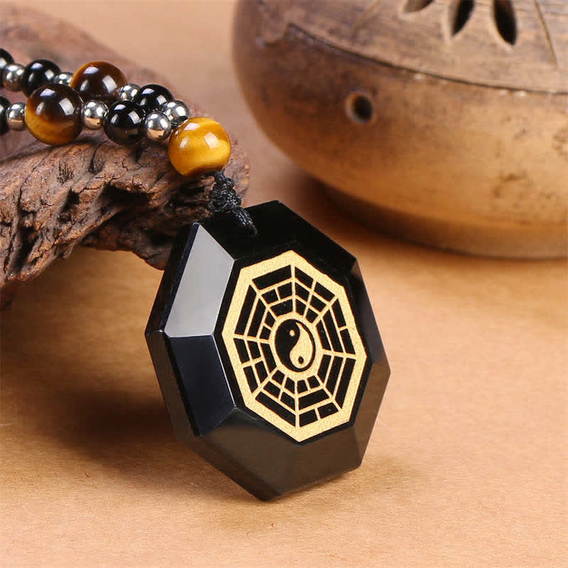 Nimara Ritual Bagua Yin Yang Black Obsidian Purification Beaded Necklace Pendant
