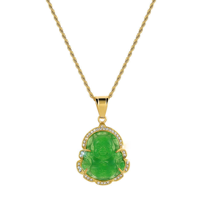 Nimara Ritual 18K Gold Filled Laughing Buddha Jade Luck Necklace Chain Pendant